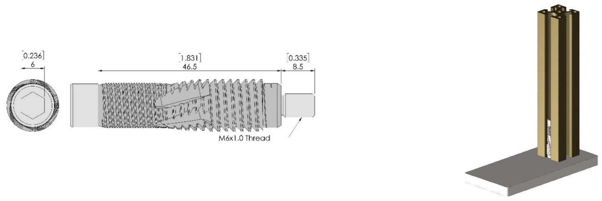 40-6 End Mount Threaded Insert dimensional drawing and assembled-in-use view