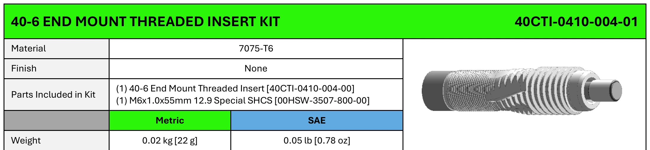 40-6 End Mount Threaded Insert specifications