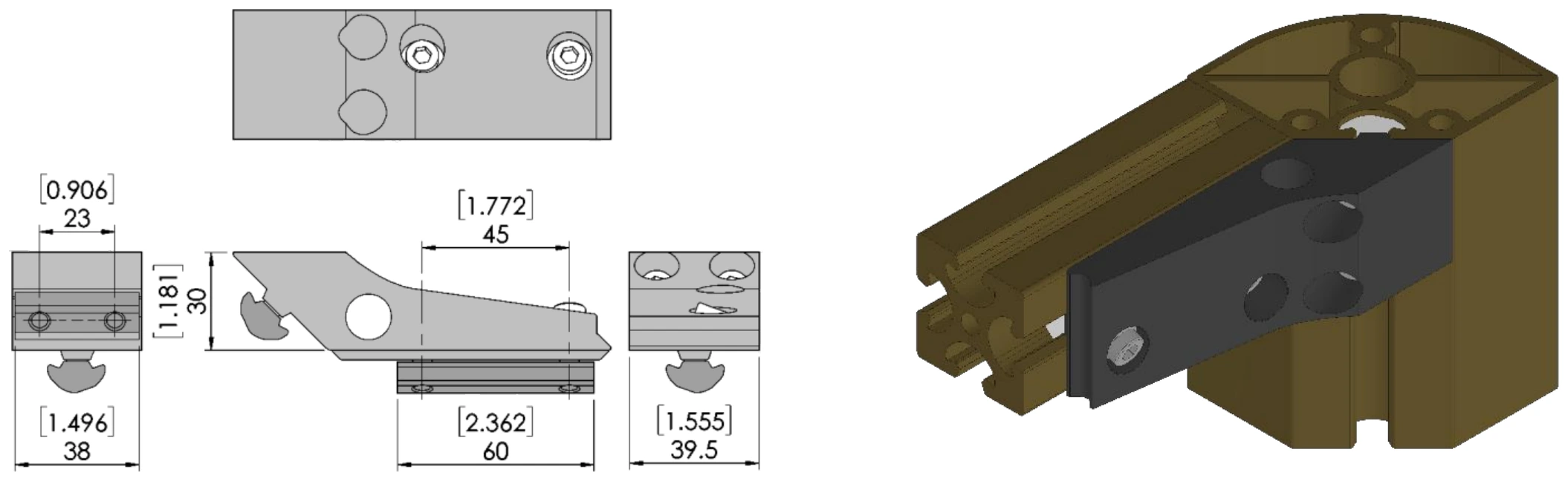 40mm 3-Way Recessed Corner Bracket Kit - Right dimensional drawing and assembled-in-use view