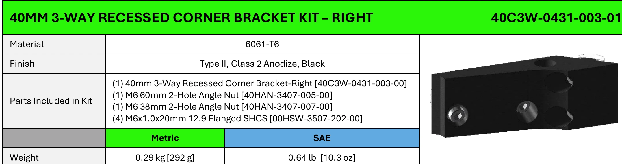 40mm 3-Way Recessed Corner Bracket Kit - Right specifications