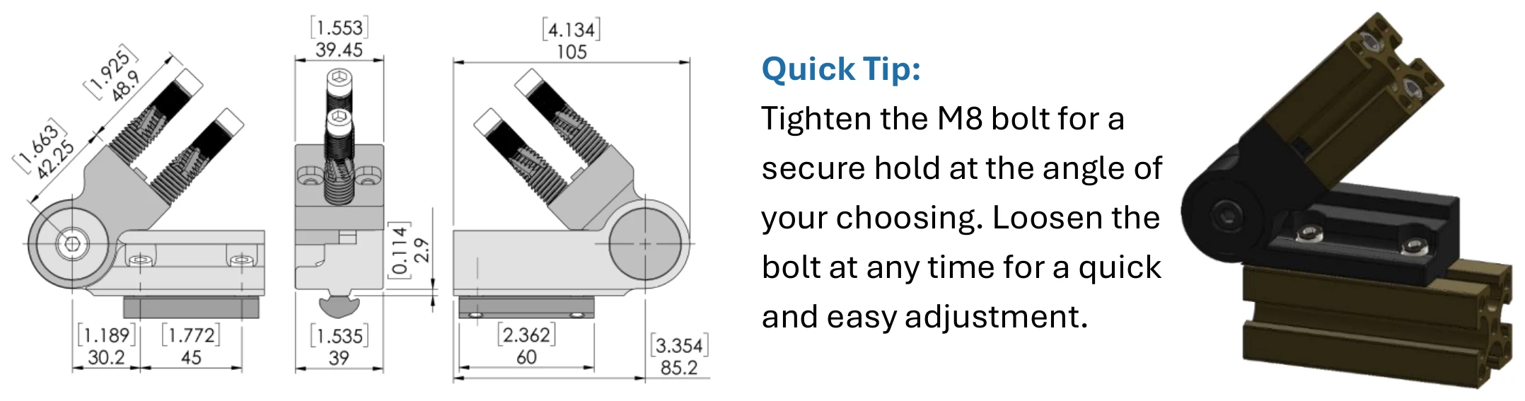 40mm Adjustable Angle Bracket Offset Profile to End Mount Kit dimensional drawing and assembled-in-use view