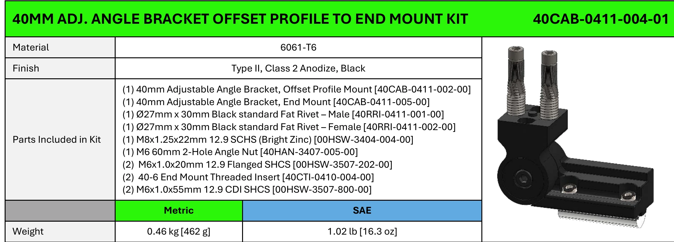 40mm Adjustable Angle Bracket Offset Profile to End Mount Kit specifications