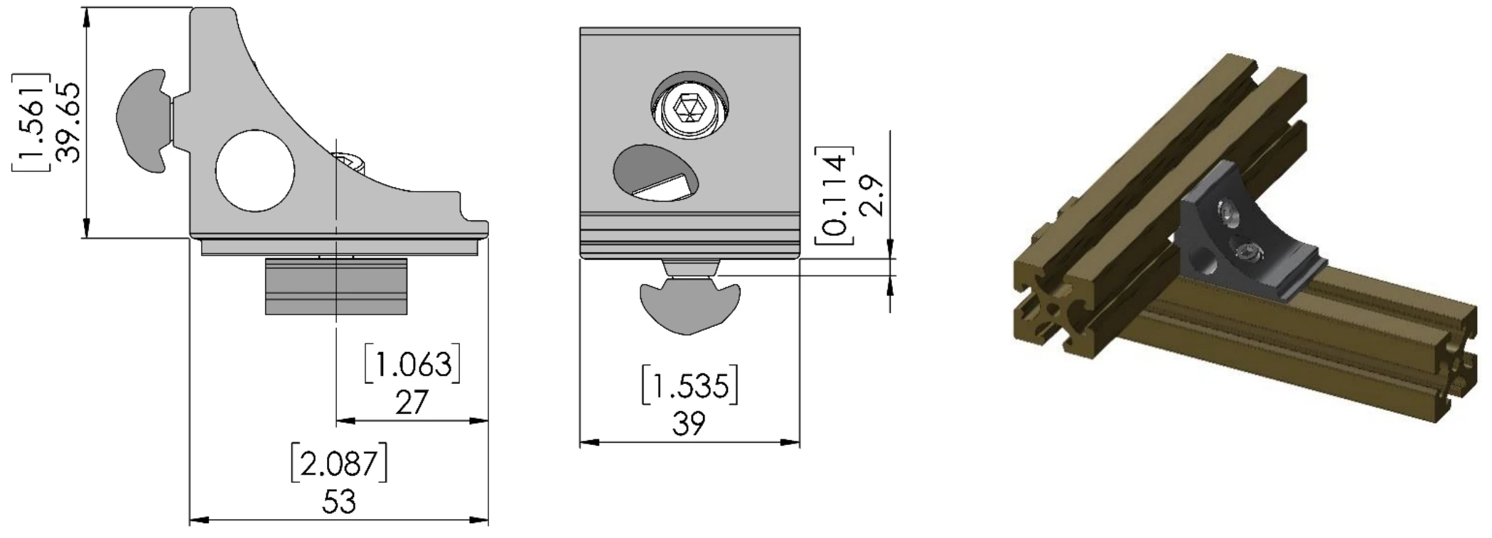 40mm SD Perpendicular Corner Bracket Kit dimensional drawing and assembled-in-use view