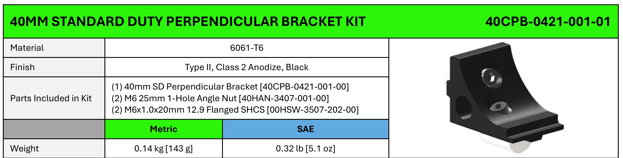 40mm SD Perpendicular Corner Bracket Kit specifications